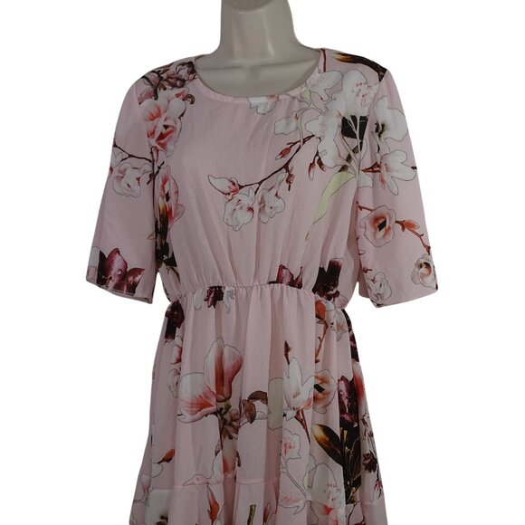Boohoo Floral Crepe Smock Dress Women Size 12 Pink Tiered Short Sleeve NEW - Picture 2 of 10